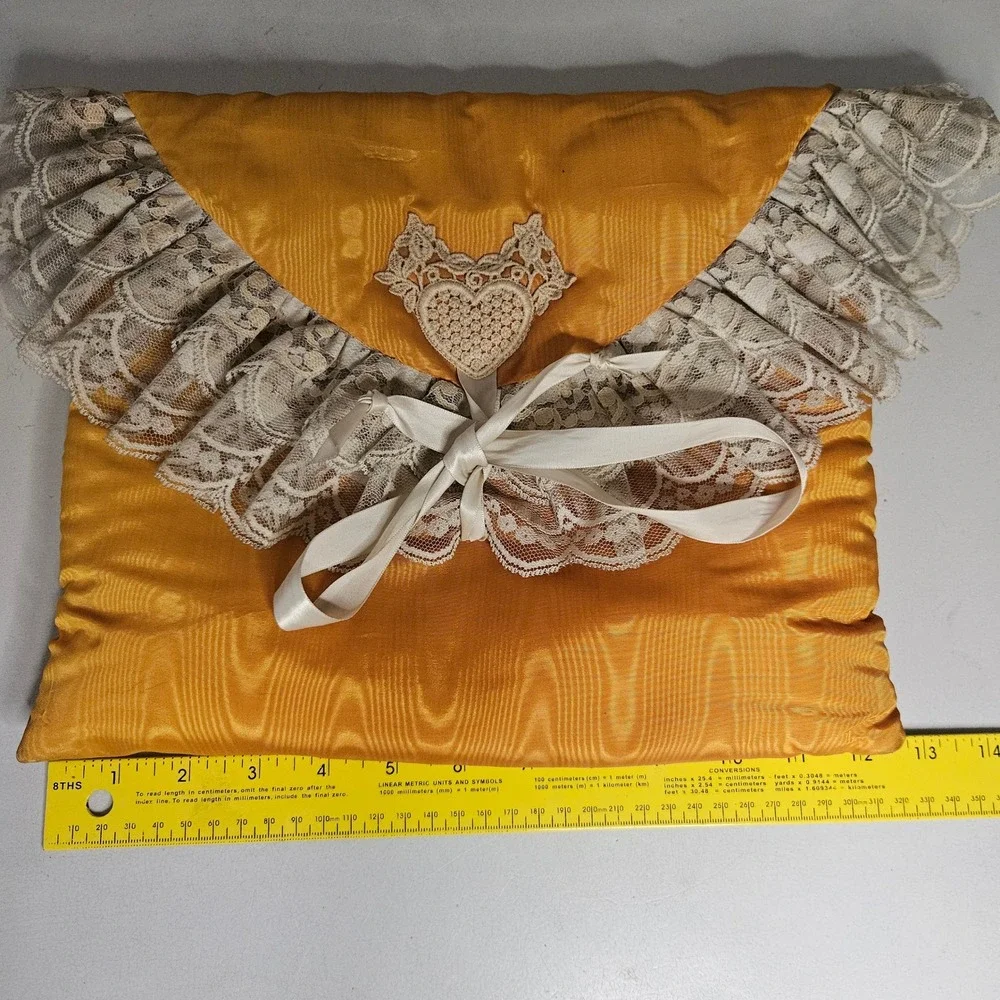 Vintage Aliso Creek Co Yellow Moire Lace Heart Lingerie Bag Travel Pouch Tie